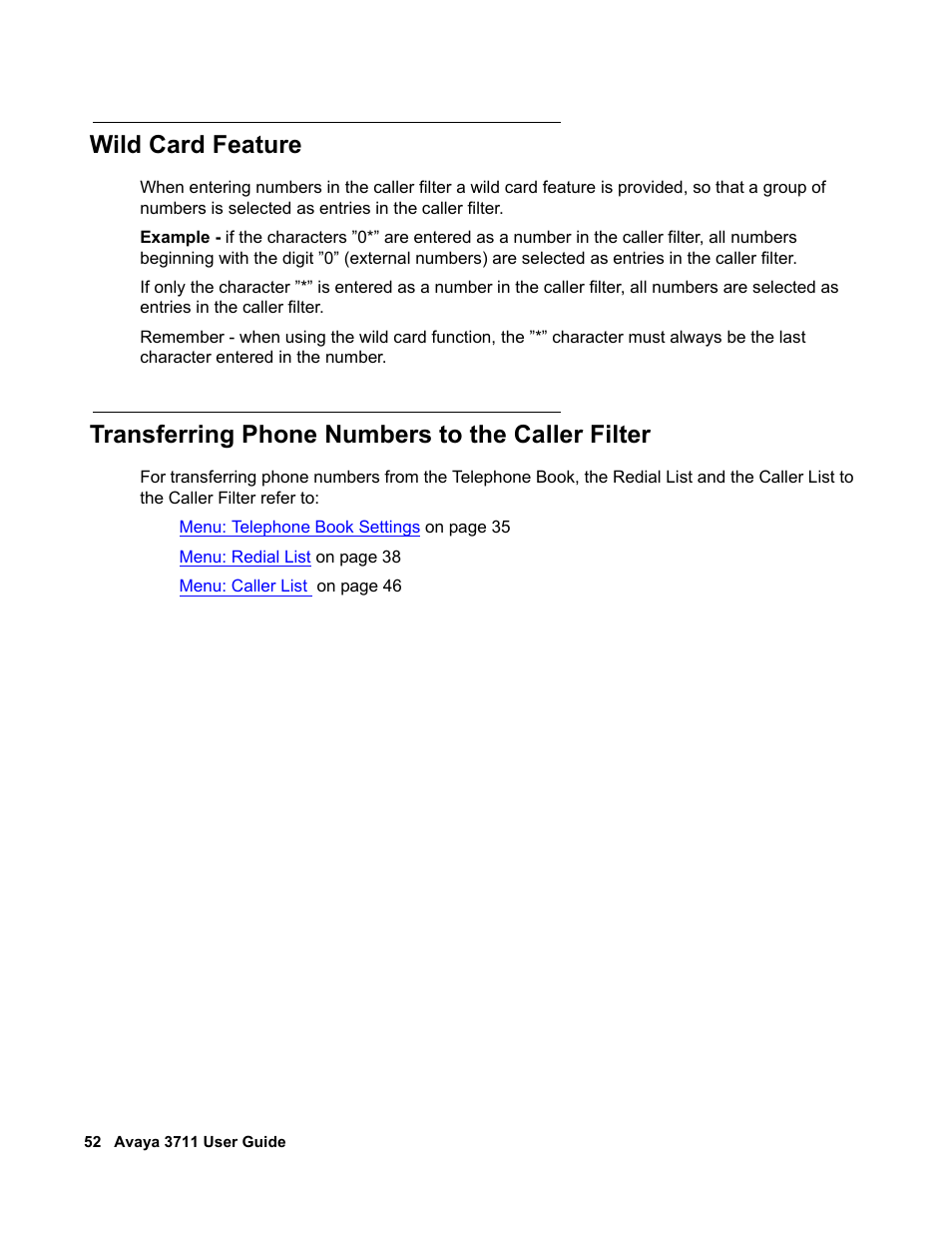 Wild card feature, Transferring phone numbers to the caller filter | Avaya 3711 User Manual | Page 52 / 66