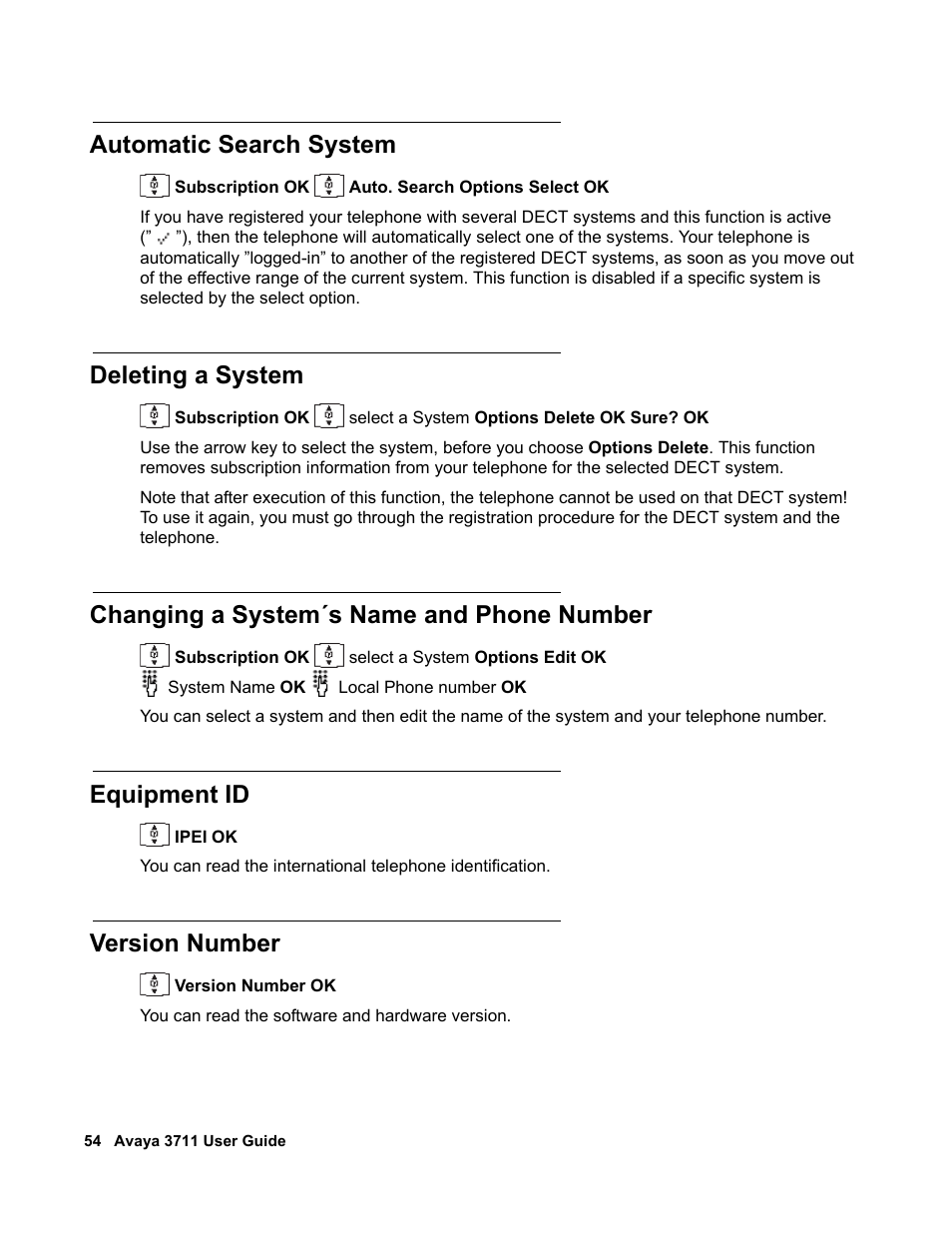 Automatic search system, Deleting a system, Changing a system´s name and phone number | Equipment id, Version number | Avaya 3711 User Manual | Page 54 / 66