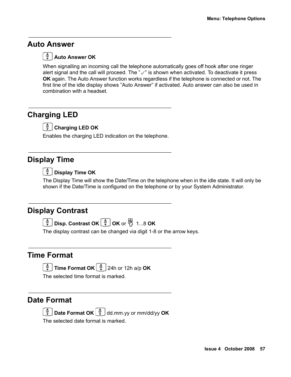 Auto answer, Charging led, Display time | Display contrast, Time format, Date format | Avaya 3711 User Manual | Page 57 / 66