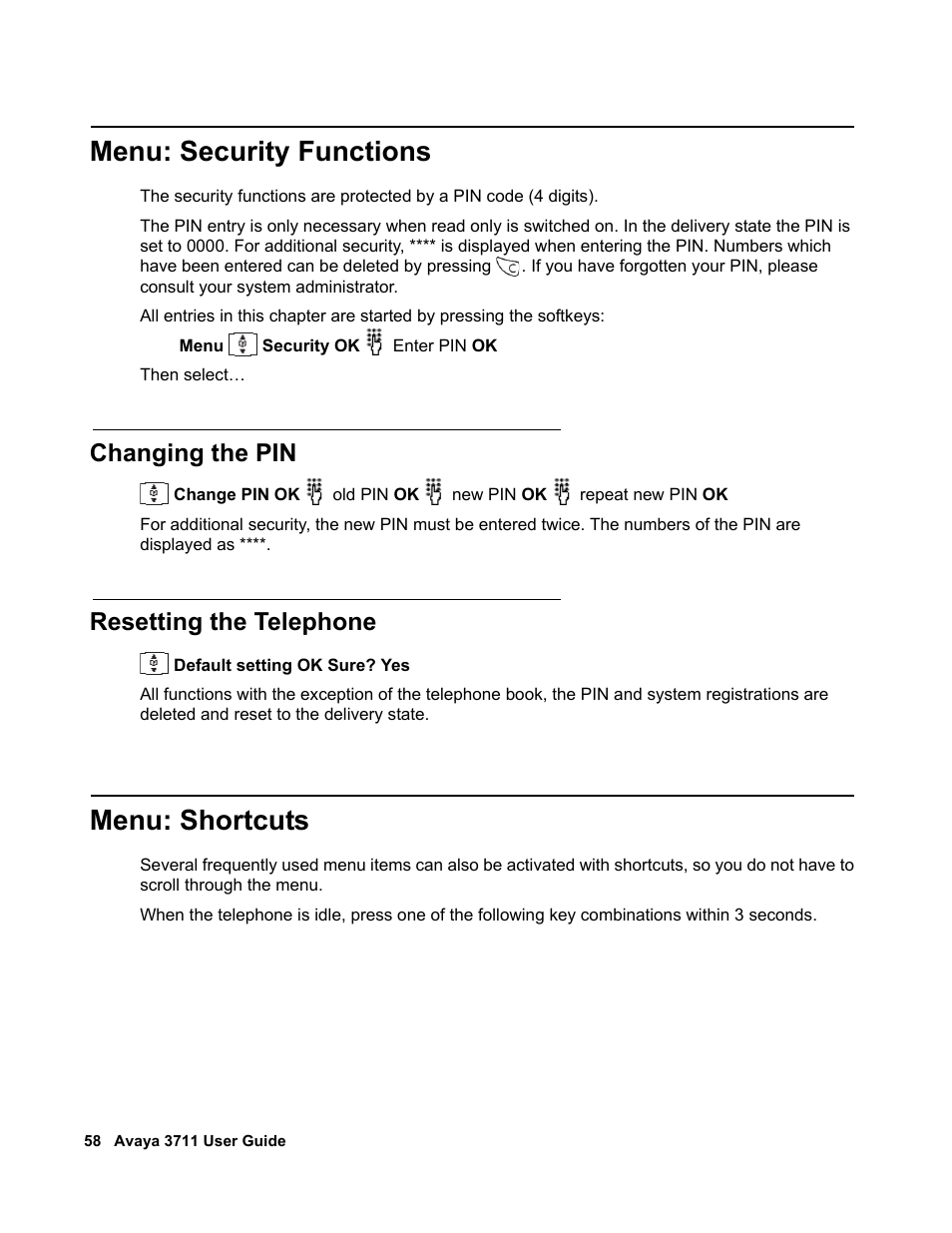 Menu: security functions, Changing the pin, Resetting the telephone | Menu: shortcuts | Avaya 3711 User Manual | Page 58 / 66