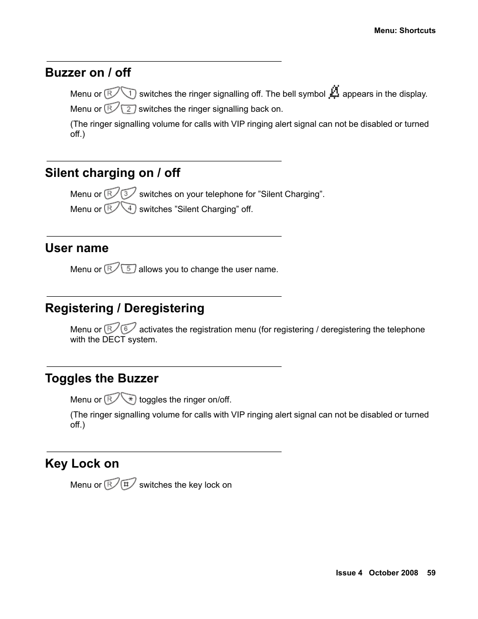 Buzzer on / off, Silent charging on / off, User name | Registering / deregistering, Toggles the buzzer, Key lock on | Avaya 3711 User Manual | Page 59 / 66