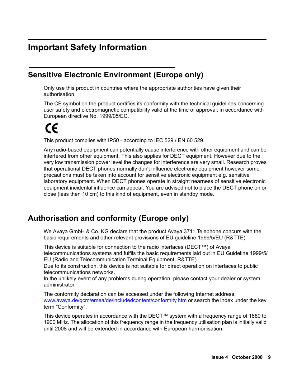 Important safety information, Sensitive electronic environment (europe only), Authorisation and conformity (europe only) | Avaya 3711 User Manual | Page 9 / 66