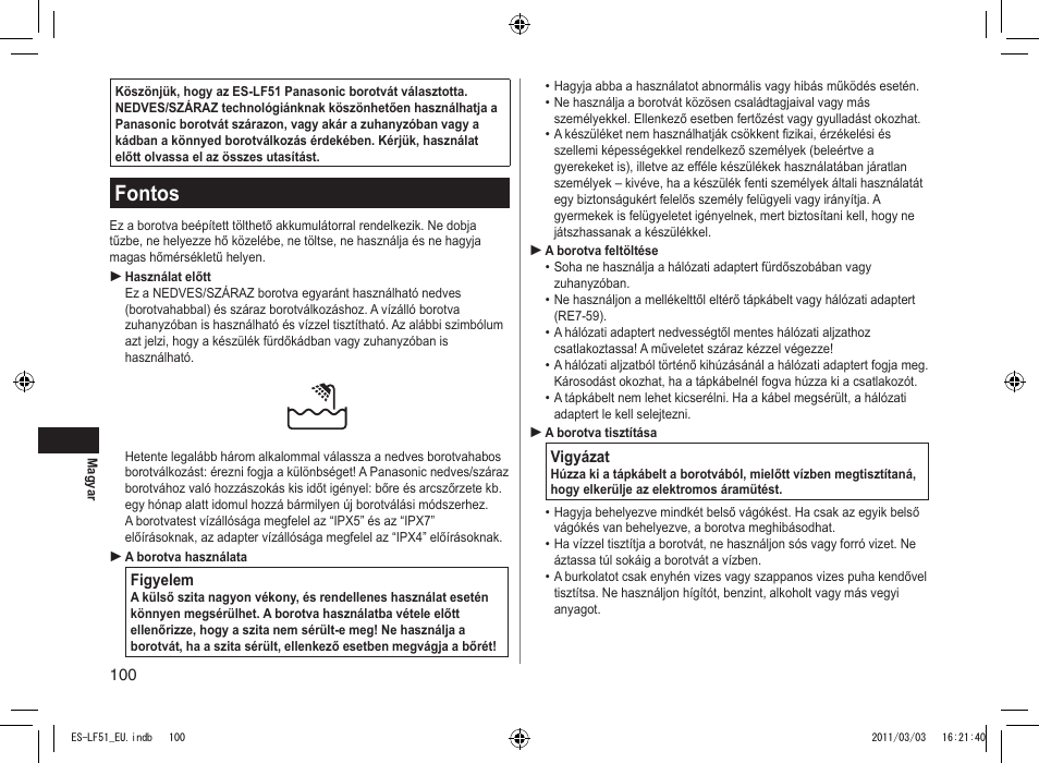 Fontos | Panasonic ESLF51 User Manual | Page 100 / 124