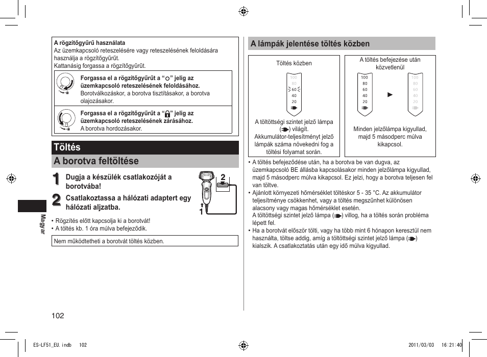 Töltés a borotva feltöltése | Panasonic ESLF51 User Manual | Page 102 / 124