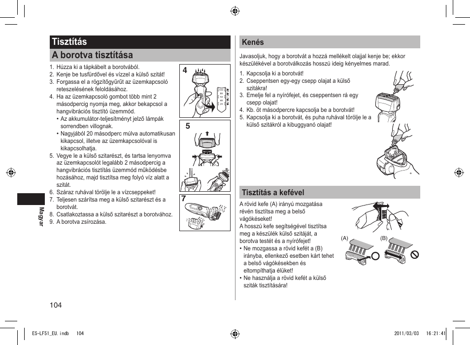 Tisztítás a borotva tisztítása, 45 kenés, Tisztítás a kefével | Panasonic ESLF51 User Manual | Page 104 / 124