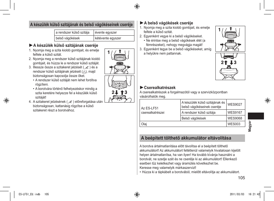 A beépített tölthető akkumulátor eltávolítása | Panasonic ESLF51 User Manual | Page 105 / 124