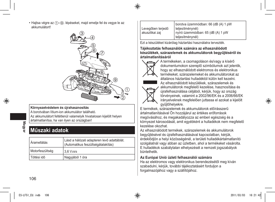 Műszaki adatok | Panasonic ESLF51 User Manual | Page 106 / 124