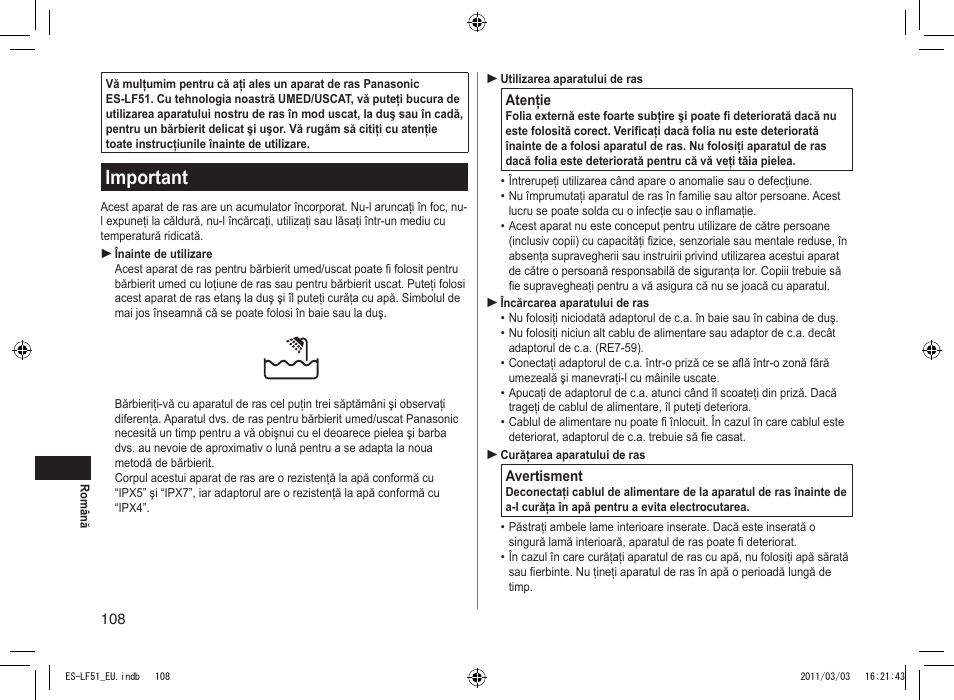 Important | Panasonic ESLF51 User Manual | Page 108 / 124