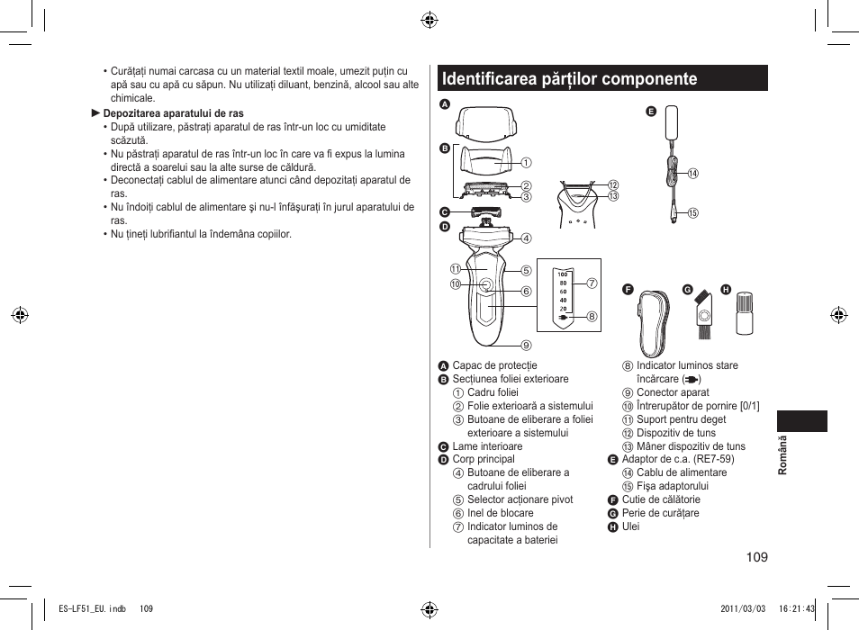 Identificarea părţilor componente | Panasonic ESLF51 User Manual | Page 109 / 124