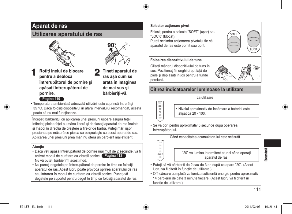 Aparat de ras utilizarea aparatului de ras | Panasonic ESLF51 User Manual | Page 111 / 124