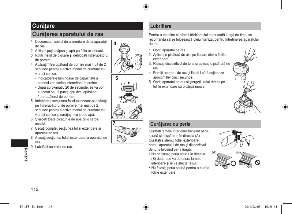 Curăţare curăţarea aparatului de ras, 45 lubrifiere, Curăţarea cu peria | Panasonic ESLF51 User Manual | Page 112 / 124