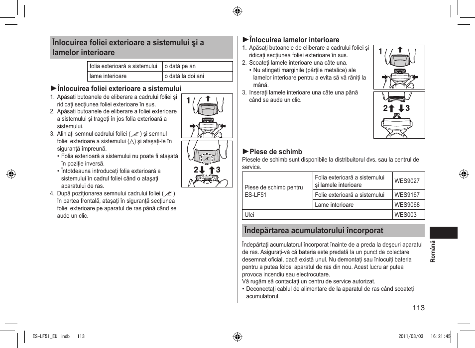 Îndepărtarea acumulatorului încorporat | Panasonic ESLF51 User Manual | Page 113 / 124