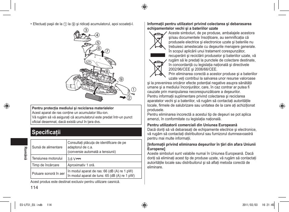 Specificaţii | Panasonic ESLF51 User Manual | Page 114 / 124