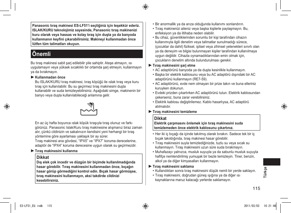 Önemli | Panasonic ESLF51 User Manual | Page 115 / 124