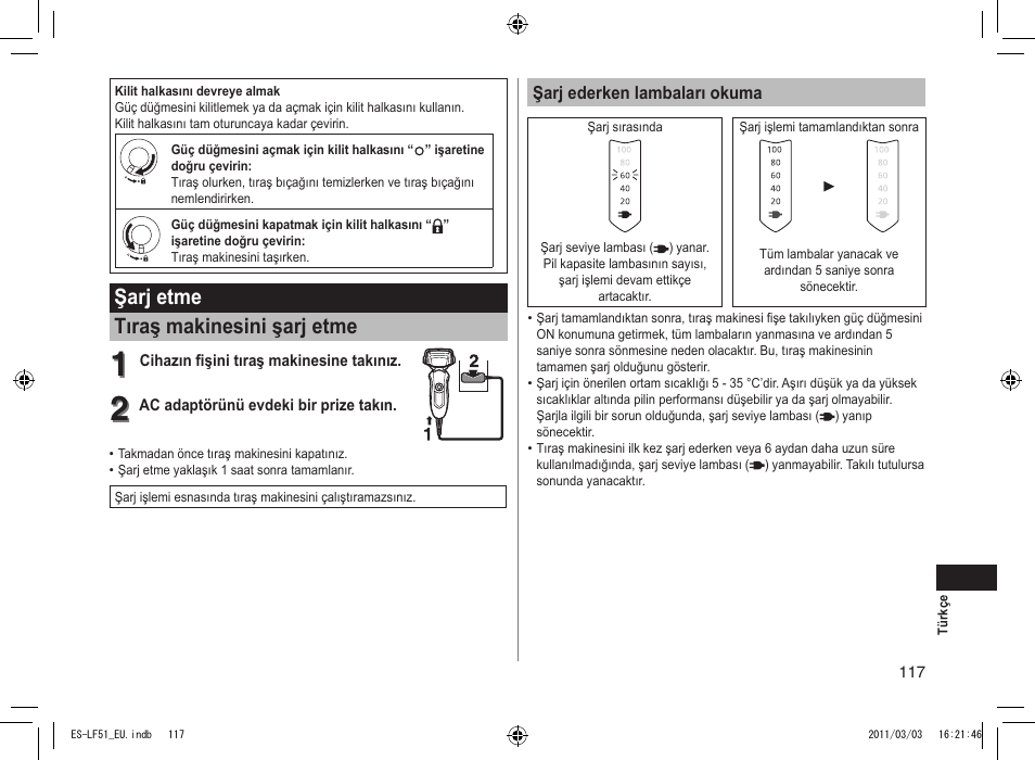Şarj etme tıraş makinesini şarj etme | Panasonic ESLF51 User Manual | Page 117 / 124