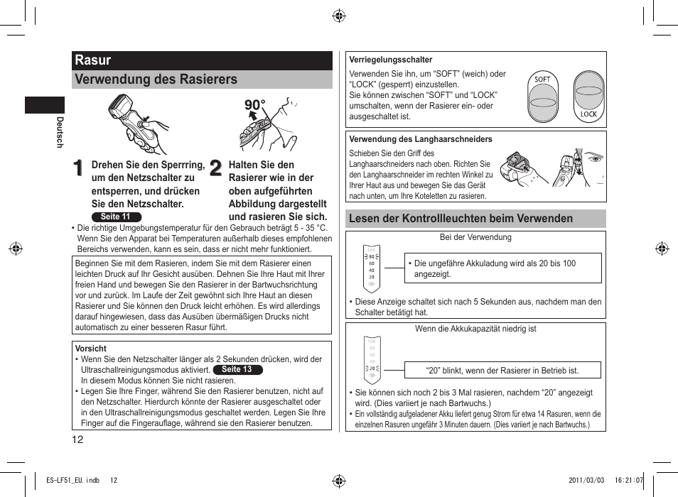 Rasur verwendung des rasierers | Panasonic ESLF51 User Manual | Page 12 / 124