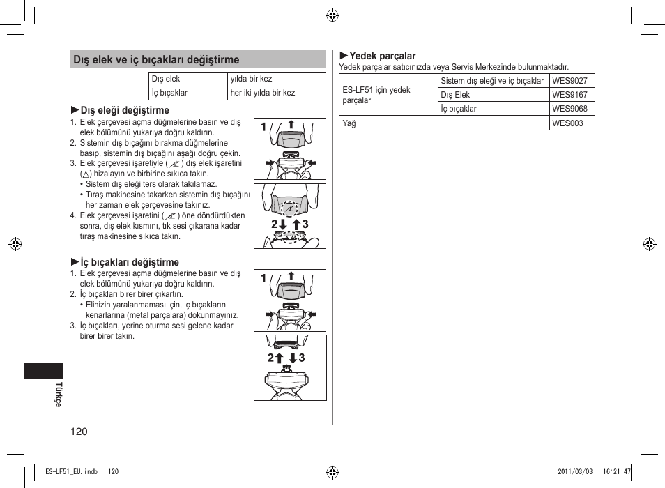 Dış elek ve iç bıçakları değiştirme | Panasonic ESLF51 User Manual | Page 120 / 124