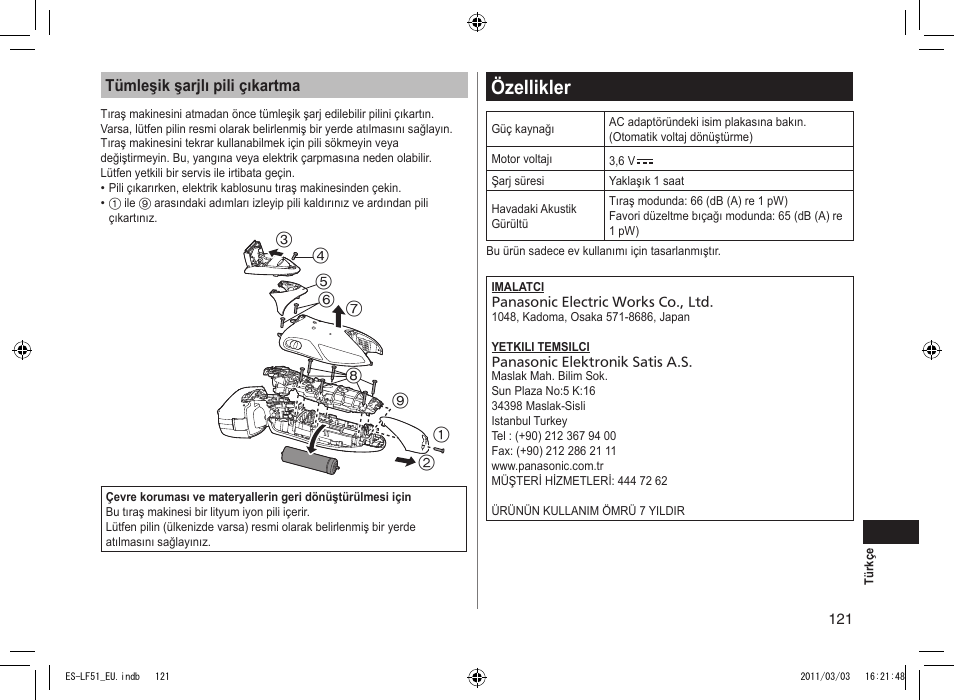 Özellikler | Panasonic ESLF51 User Manual | Page 121 / 124