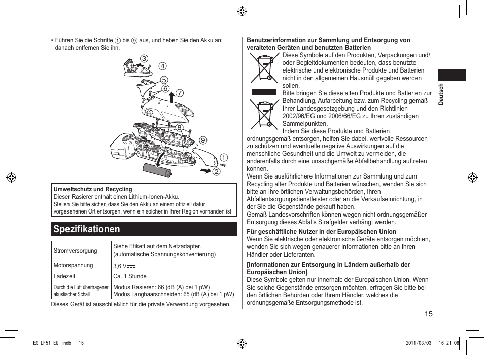 Spezifikationen | Panasonic ESLF51 User Manual | Page 15 / 124