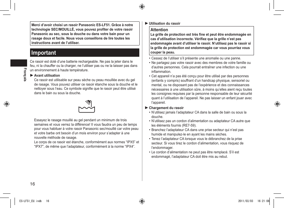 Important | Panasonic ESLF51 User Manual | Page 16 / 124