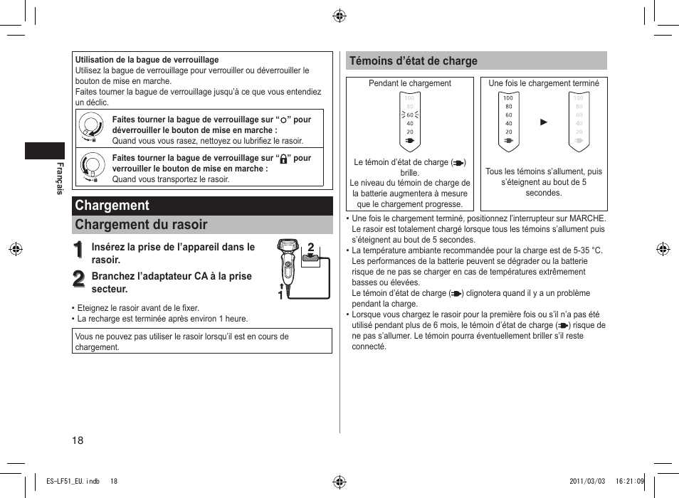 Chargement chargement du rasoir | Panasonic ESLF51 User Manual | Page 18 / 124