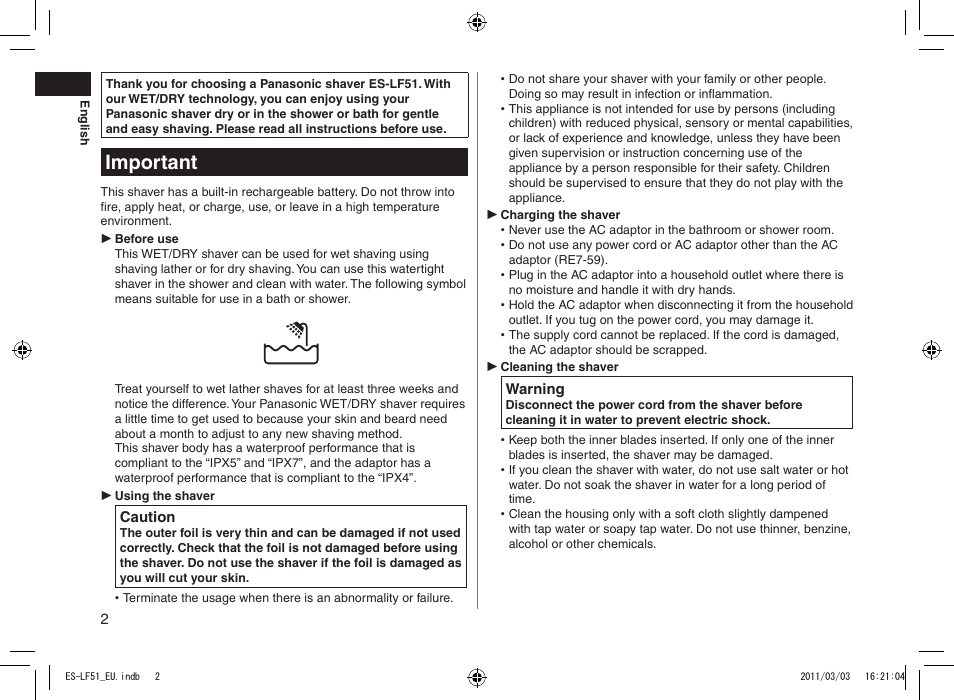 Important | Panasonic ESLF51 User Manual | Page 2 / 124