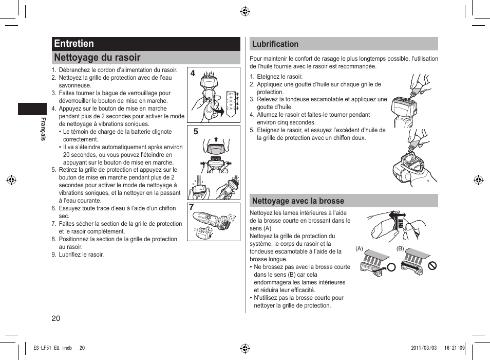 Entretien nettoyage du rasoir, 45 lubrification, Nettoyage avec la brosse | Panasonic ESLF51 User Manual | Page 20 / 124