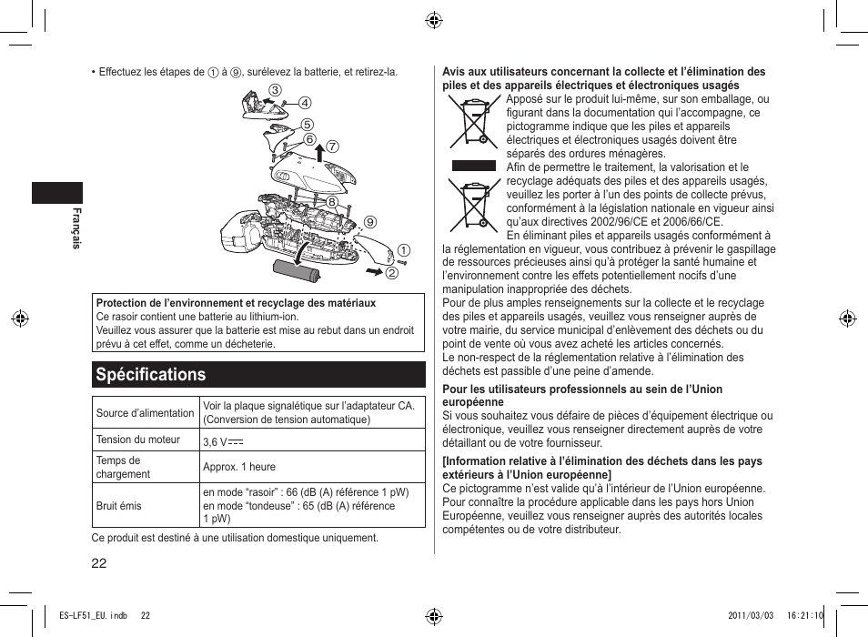 Spécifications | Panasonic ESLF51 User Manual | Page 22 / 124