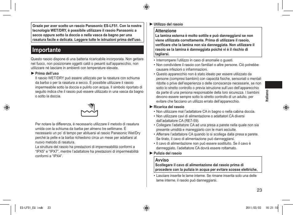 Importante | Panasonic ESLF51 User Manual | Page 23 / 124