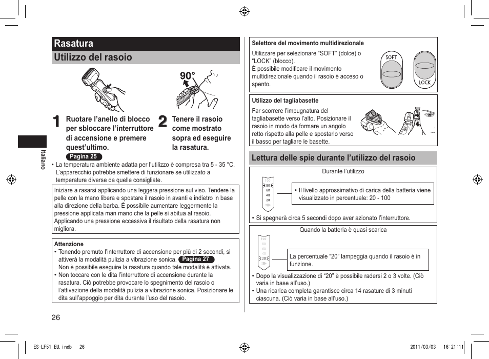 Rasatura utilizzo del rasoio | Panasonic ESLF51 User Manual | Page 26 / 124