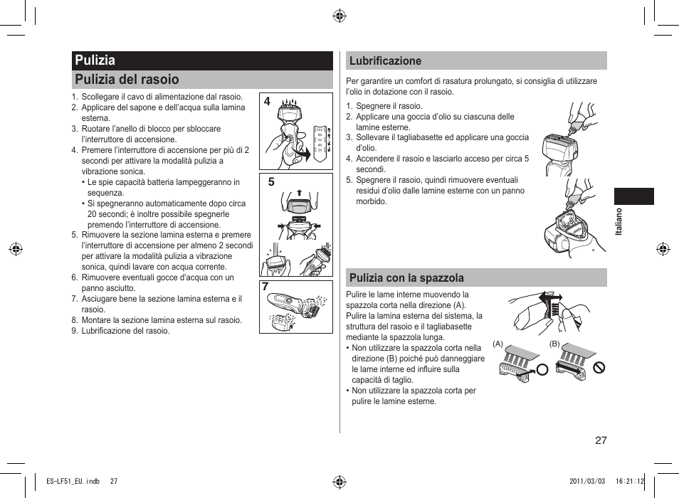 Pulizia pulizia del rasoio, 45 lubrificazione, Pulizia con la spazzola | Panasonic ESLF51 User Manual | Page 27 / 124