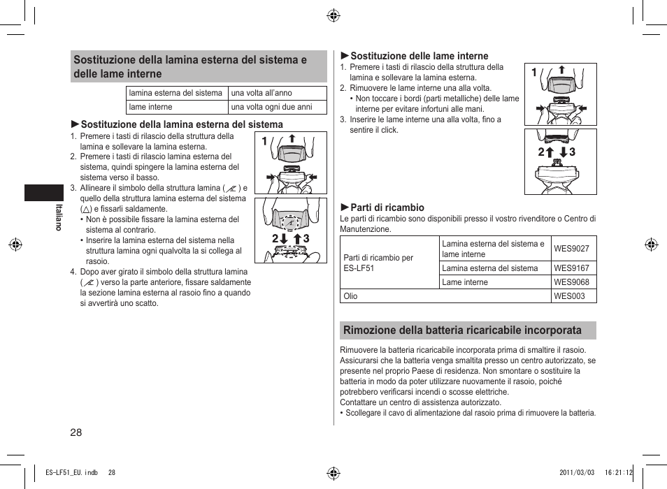Rimozione della batteria ricaricabile incorporata | Panasonic ESLF51 User Manual | Page 28 / 124