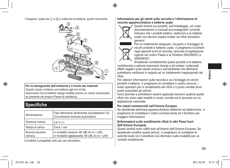 Specifiche | Panasonic ESLF51 User Manual | Page 29 / 124