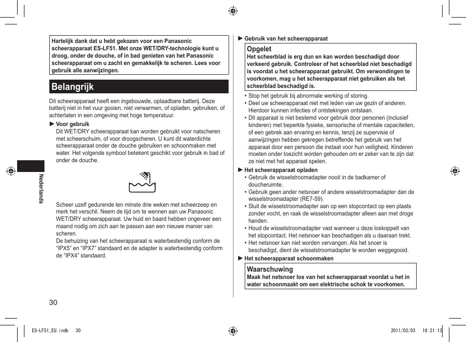 Belangrijk | Panasonic ESLF51 User Manual | Page 30 / 124