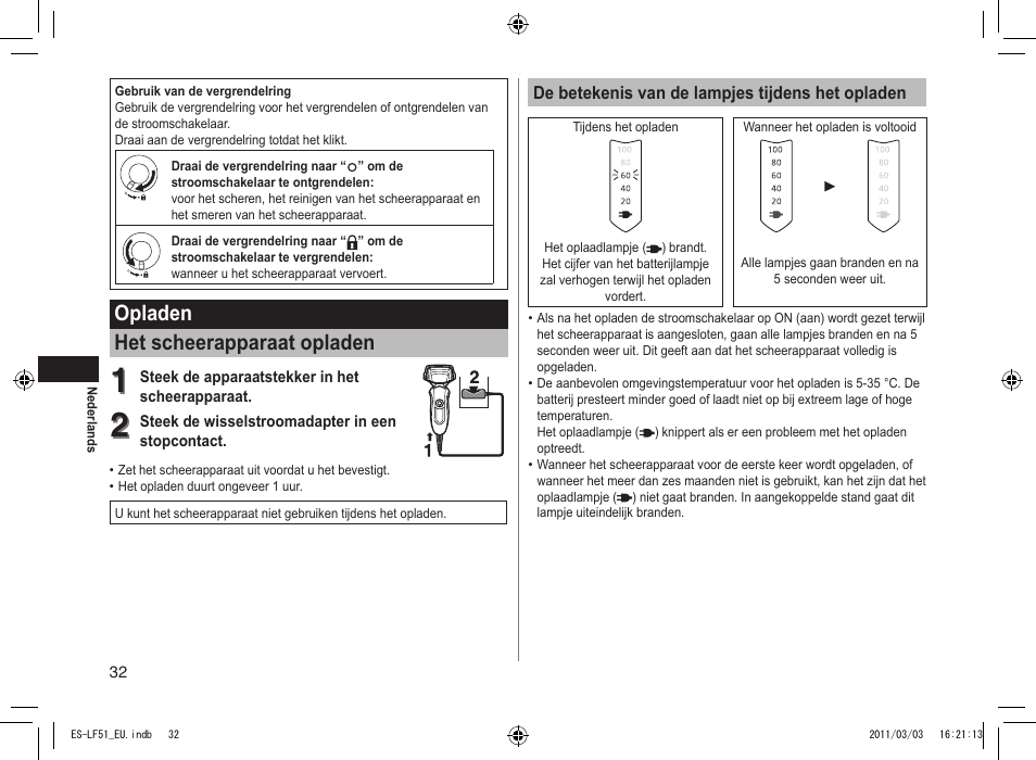 Opladen het scheerapparaat opladen | Panasonic ESLF51 User Manual | Page 32 / 124
