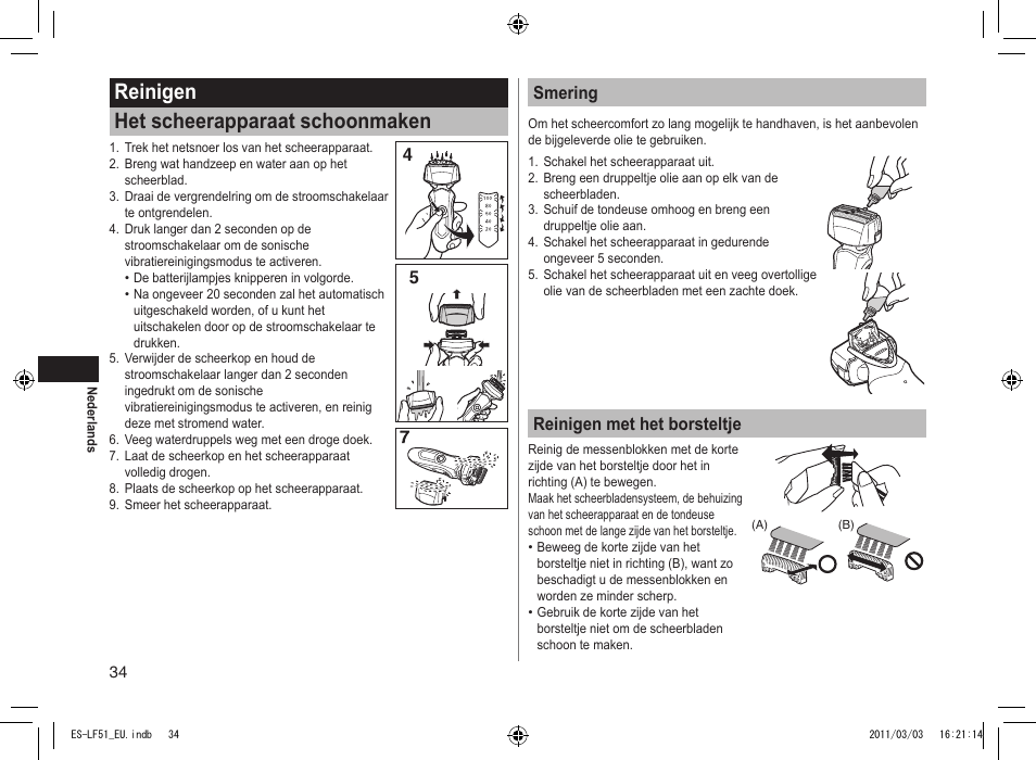 Reinigen het scheerapparaat schoonmaken, 45 smering, Reinigen met het borsteltje | Panasonic ESLF51 User Manual | Page 34 / 124