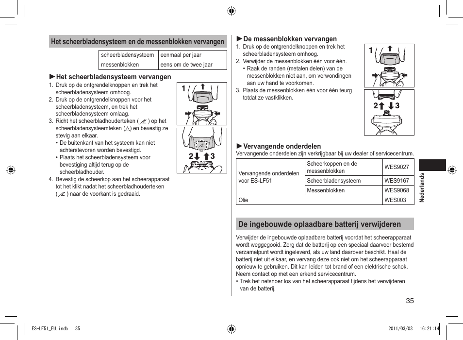 De ingebouwde oplaadbare batterij verwijderen | Panasonic ESLF51 User Manual | Page 35 / 124