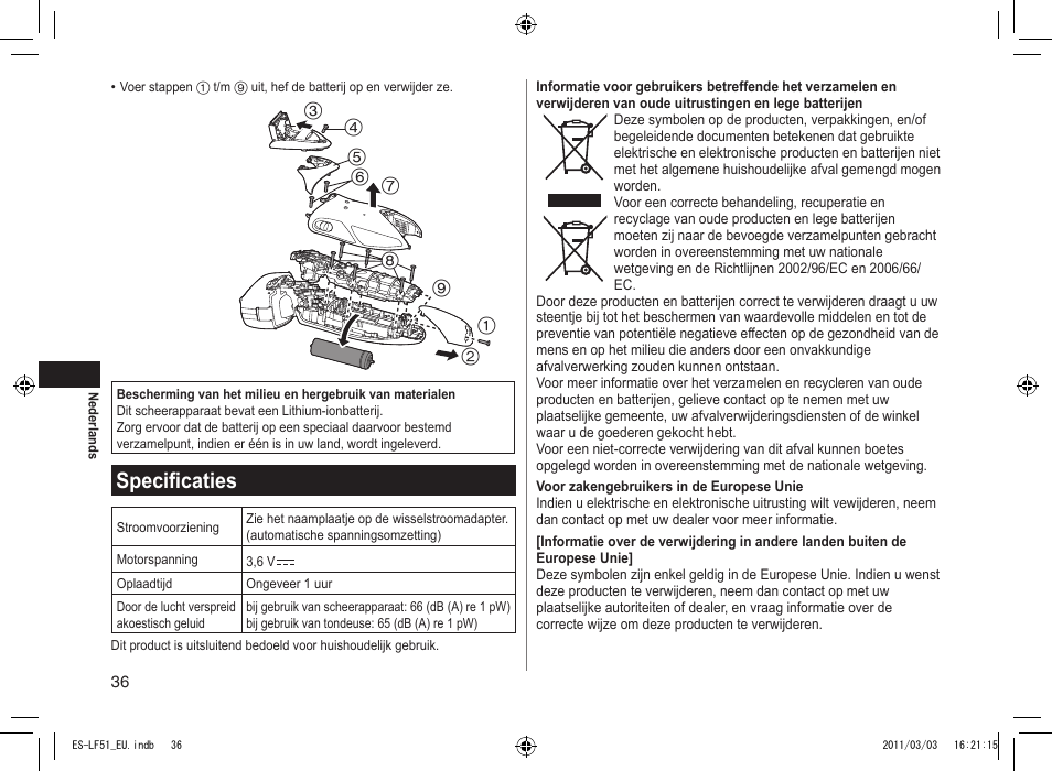 Specificaties | Panasonic ESLF51 User Manual | Page 36 / 124