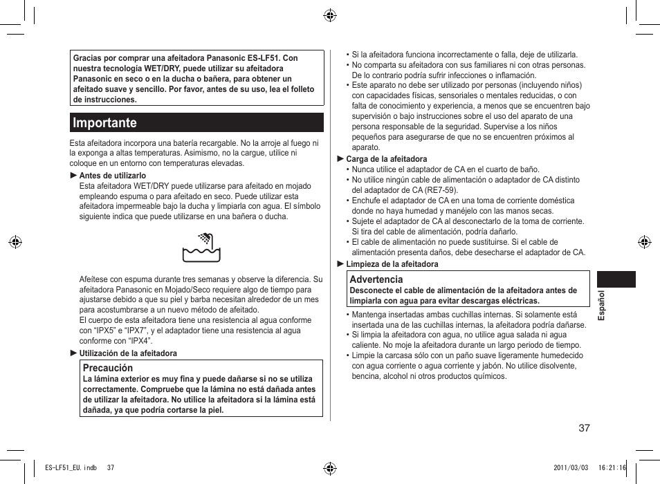 Importante | Panasonic ESLF51 User Manual | Page 37 / 124