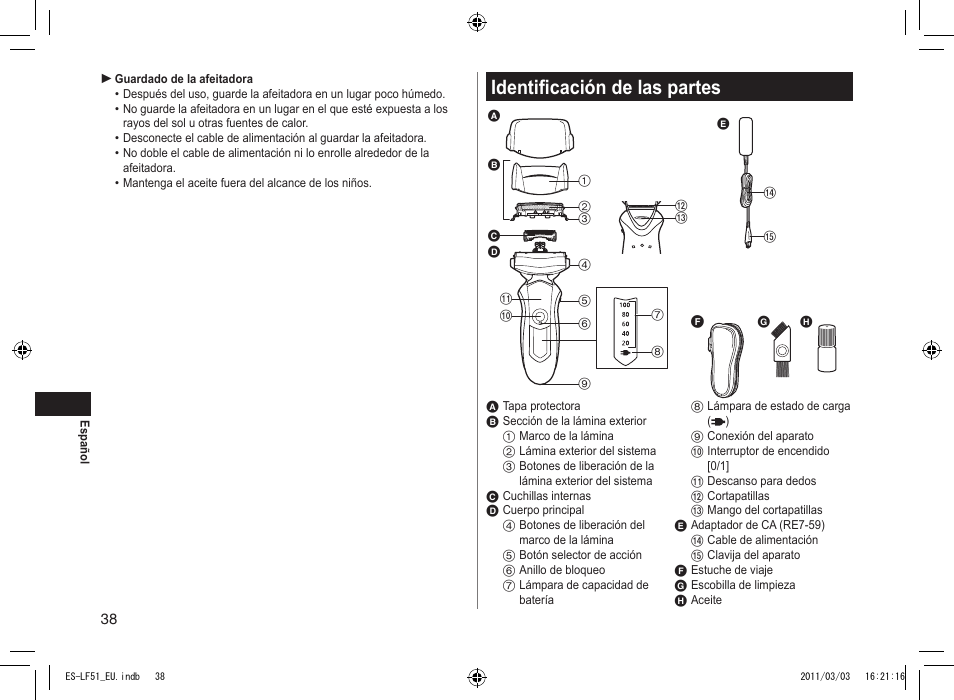 Identificación de las partes | Panasonic ESLF51 User Manual | Page 38 / 124