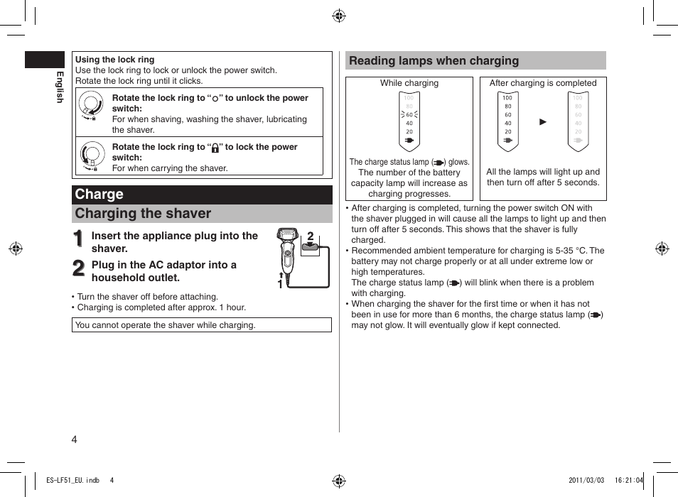 Charge charging the shaver | Panasonic ESLF51 User Manual | Page 4 / 124