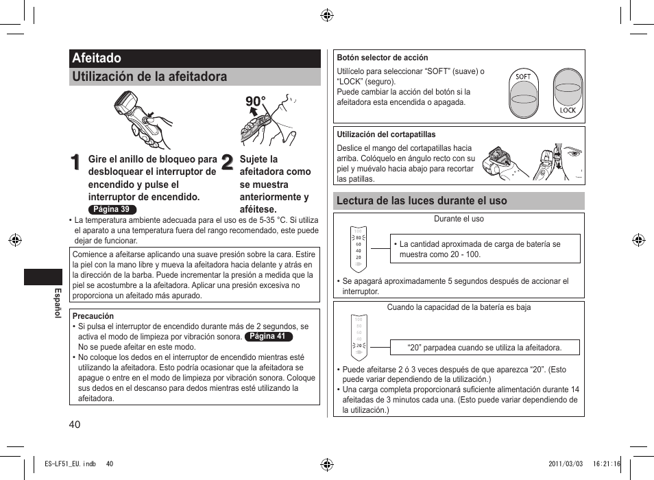 Afeitado utilización de la afeitadora | Panasonic ESLF51 User Manual | Page 40 / 124