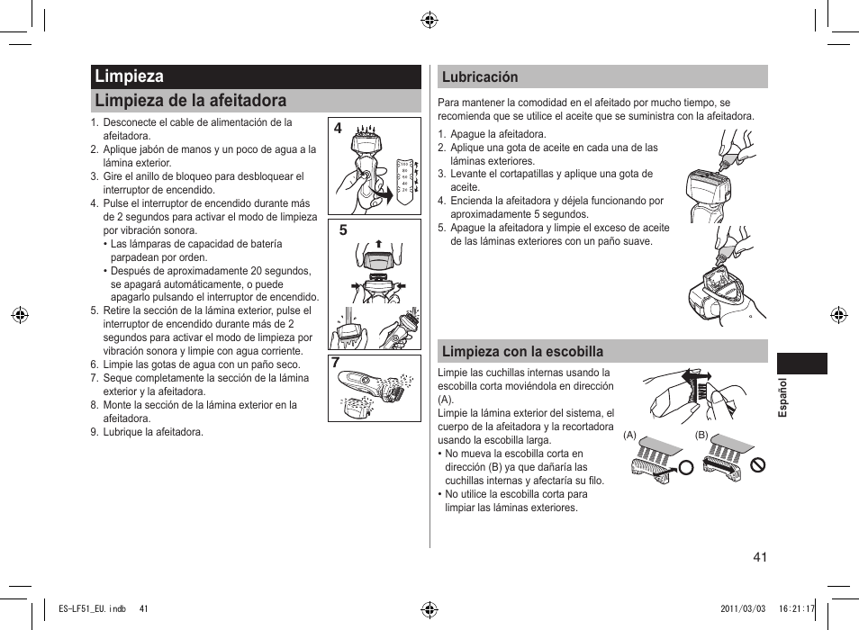 Limpieza limpieza de la afeitadora, 45 lubricación, Limpieza con la escobilla | Panasonic ESLF51 User Manual | Page 41 / 124