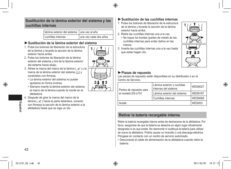 Retirar la batería recargable interna | Panasonic ESLF51 User Manual | Page 42 / 124