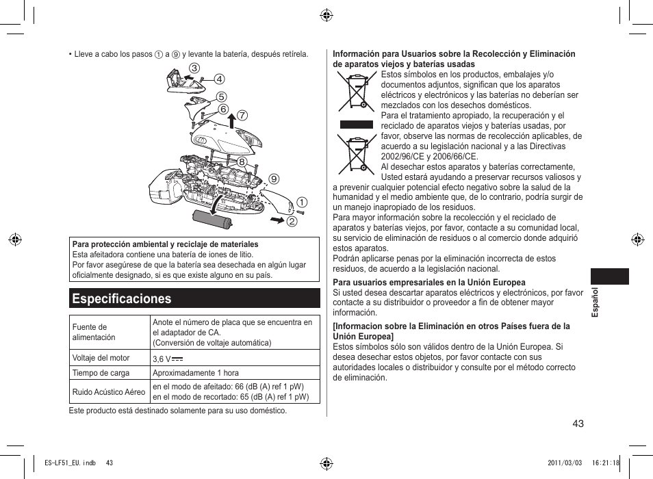 Especificaciones | Panasonic ESLF51 User Manual | Page 43 / 124