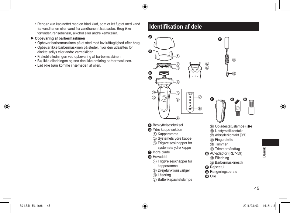 Identifikation af dele | Panasonic ESLF51 User Manual | Page 45 / 124
