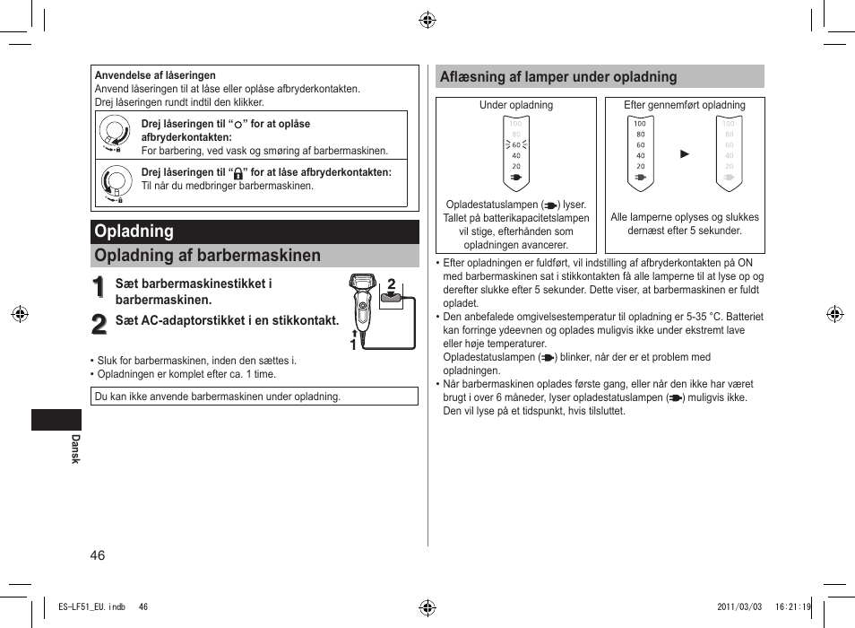 Opladning opladning af barbermaskinen | Panasonic ESLF51 User Manual | Page 46 / 124