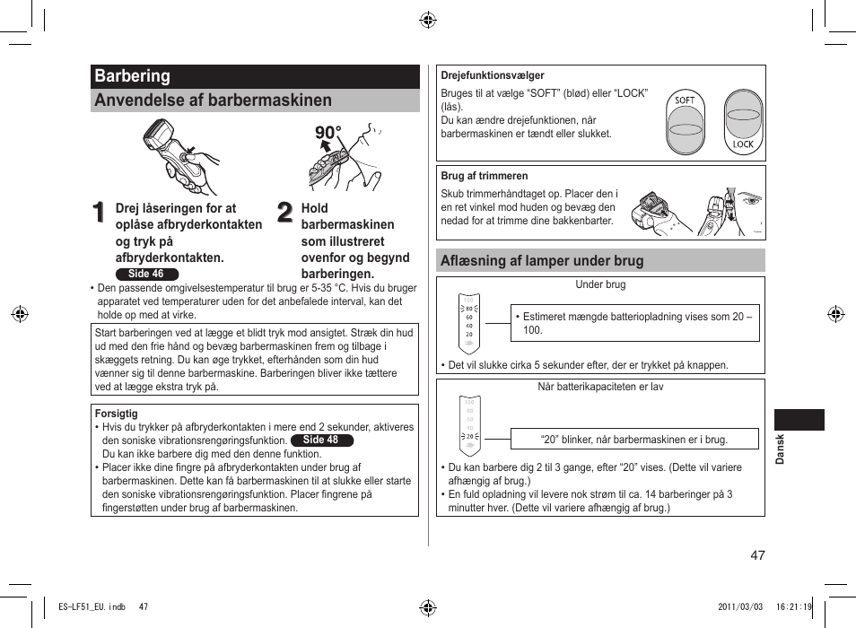 Barbering anvendelse af barbermaskinen | Panasonic ESLF51 User Manual | Page 47 / 124