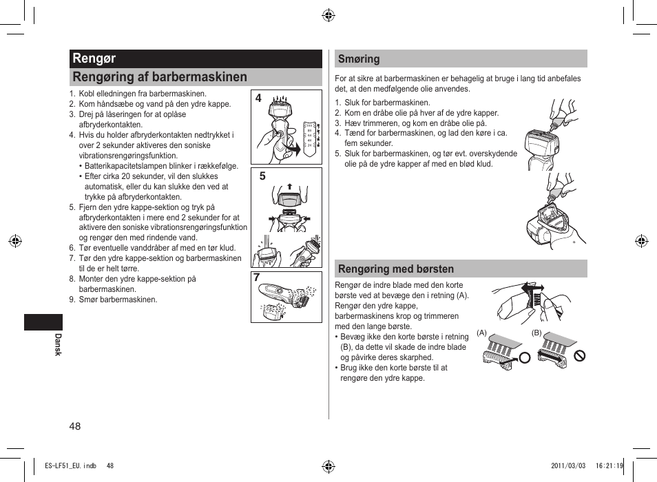 Rengør rengøring af barbermaskinen, 45 smøring, Rengøring med børsten | Panasonic ESLF51 User Manual | Page 48 / 124