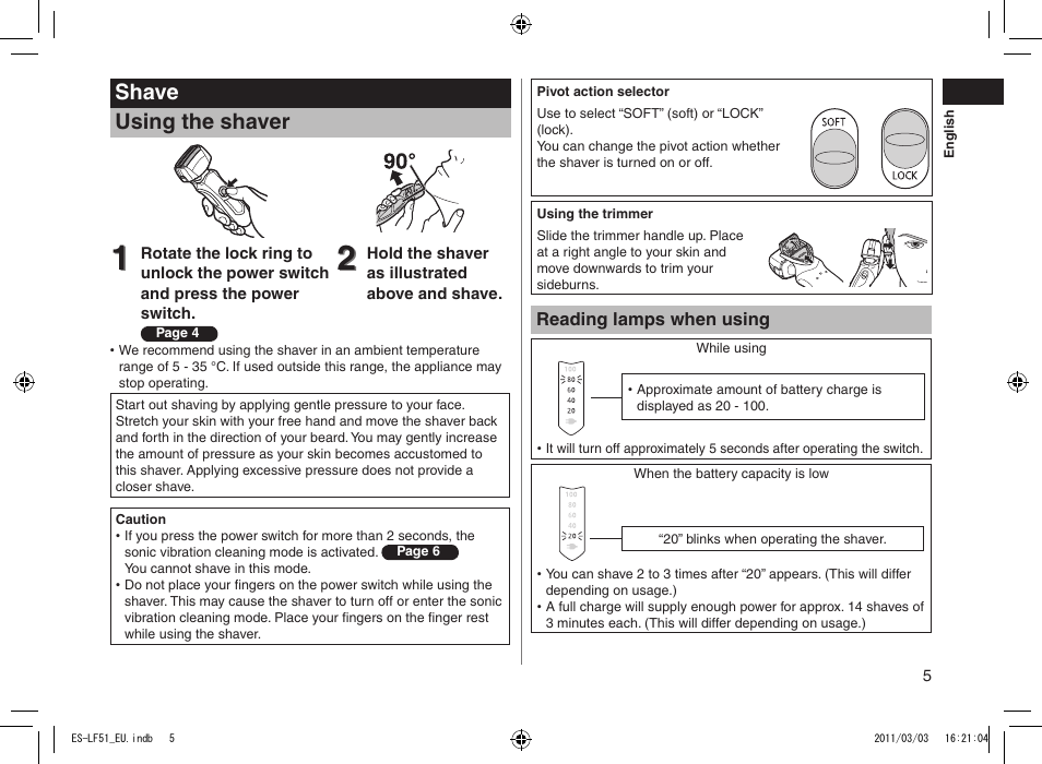 Shave using the shaver | Panasonic ESLF51 User Manual | Page 5 / 124